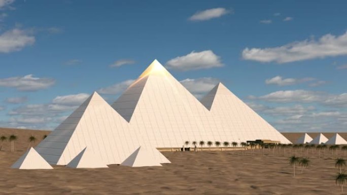 埃及开罗吉萨、胡夫、门考尔和哈弗雷大金字塔的3d重建。开罗，吉萨埃及。3d动画。时间流逝