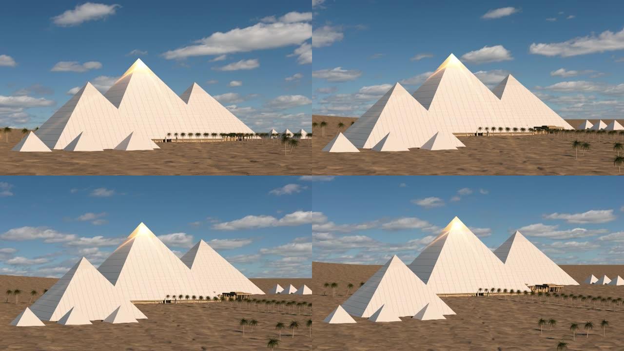 埃及开罗吉萨、胡夫、门考尔和哈弗雷大金字塔的3d重建。开罗，吉萨埃及。3d动画。时间流逝