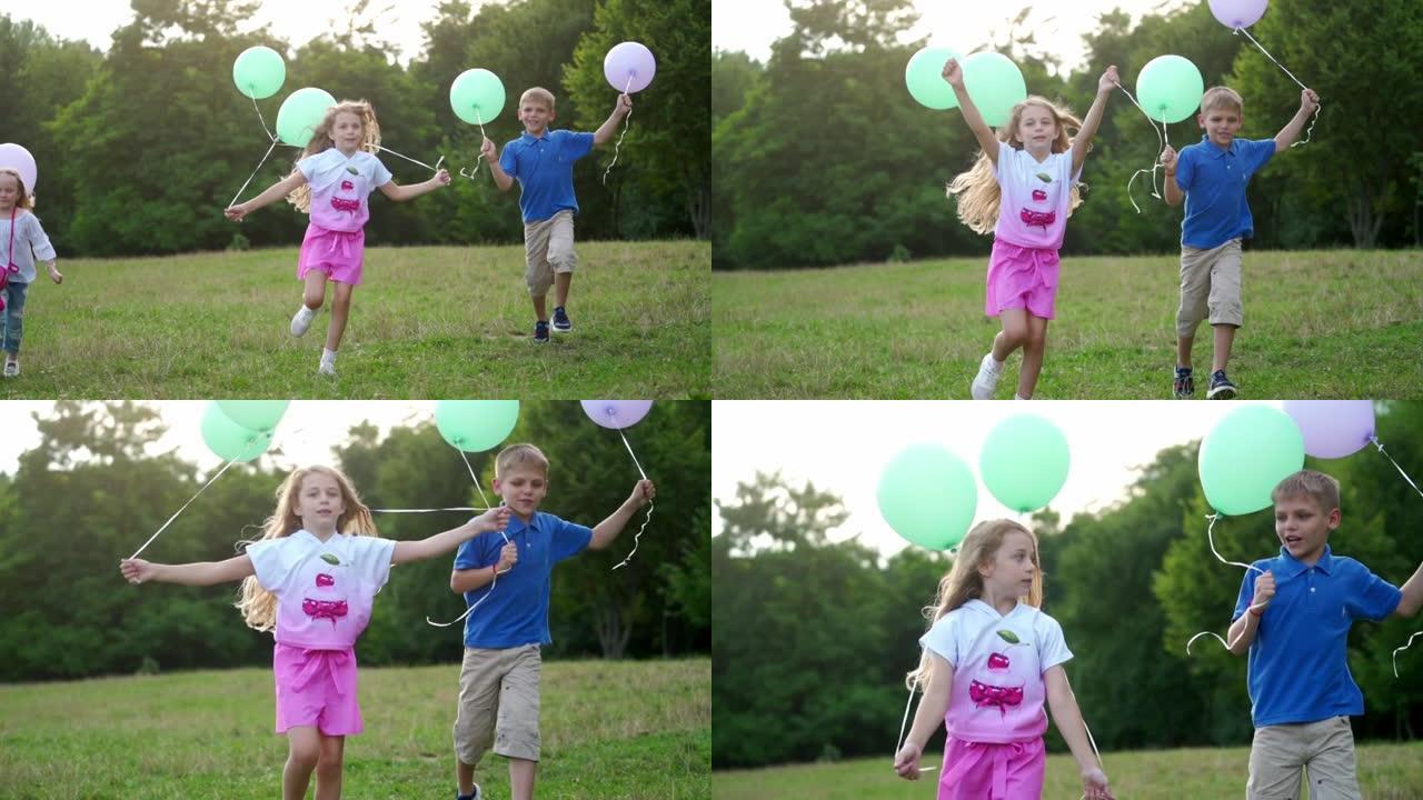 一群快乐的孩子带着五彩气球嬉戏地奔跑