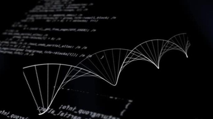 在黑色背景上通过科学数据处理旋转的dna菌株的动画