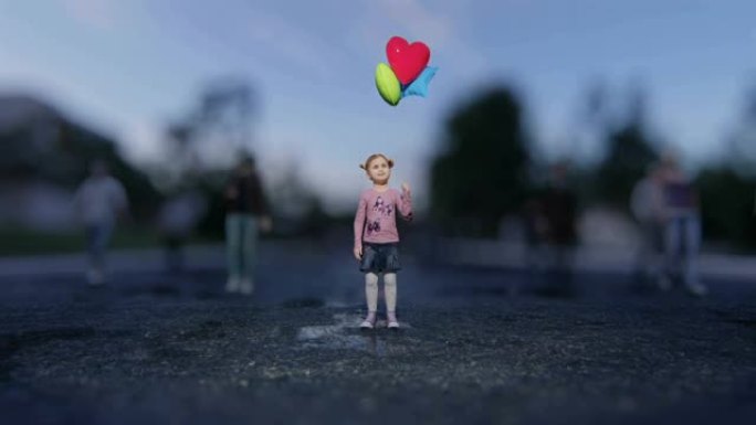 晚上，一个孤独的迷路小女孩拿着气球站在繁忙的街道中间的时间流逝。看到一个迷路的小女孩。社交网络动画，
