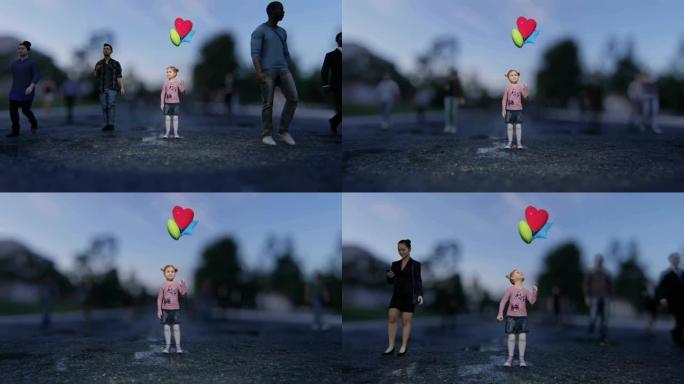 晚上，一个孤独的迷路小女孩拿着气球站在繁忙的街道中间的时间流逝。看到一个迷路的小女孩。社交网络动画，