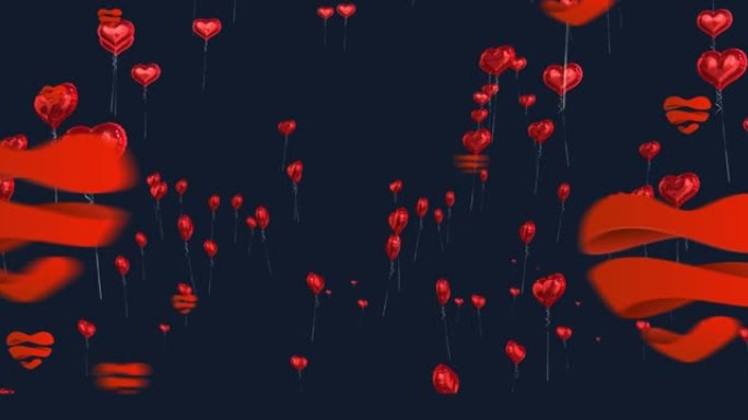 红色灯光在黑色背景下漂浮的心形气球上的数字动画