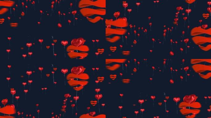 红色灯光在黑色背景下漂浮的心形气球上的数字动画