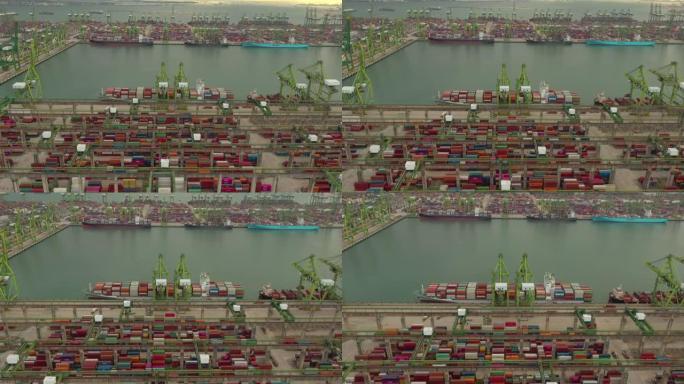 日落时间新加坡城市著名集装箱港口海湾码头航空全景4k