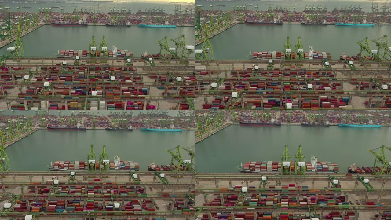 日落时间新加坡城市著名集装箱港口海湾码头航空全景4k