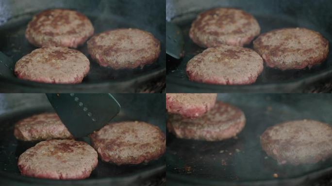 铸铁锅上的汉堡包