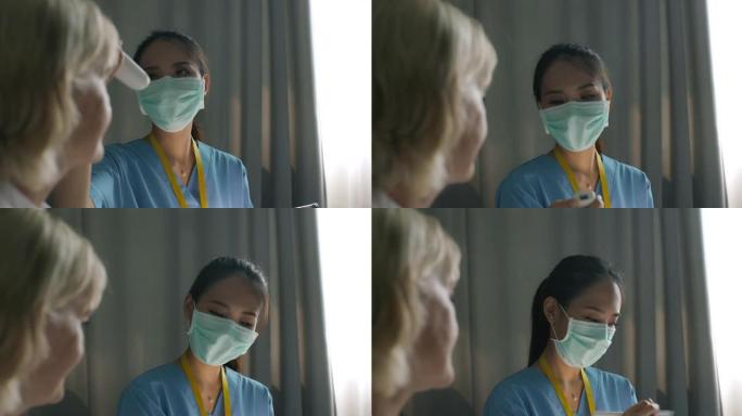 戴口罩的护士给高级女性量体温。