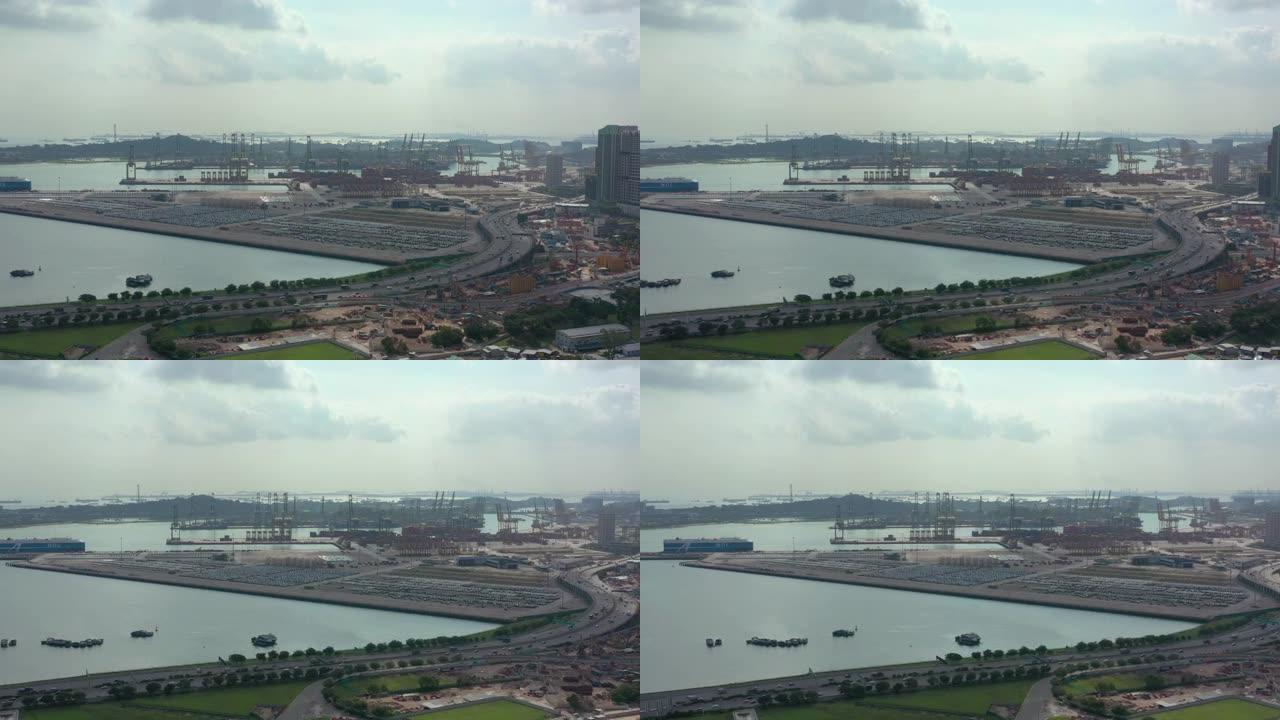 日间新加坡城市著名工业交通港湾停车场空中全景4k