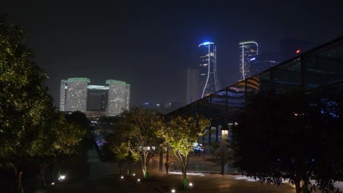 杭州市区夜间照明著名现代建筑广场顶部全景4k中国