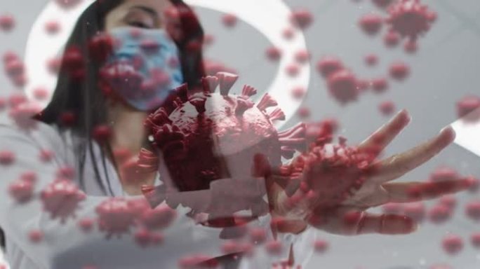 漂浮新型冠状病毒肺炎细胞与妇女消毒手在办公室戴口罩的动画
