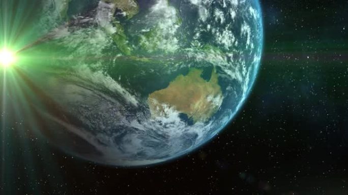 宇宙中的地球动画和从太空中看到的绿色发光恒星