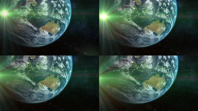 宇宙中的地球动画和从太空中看到的绿色发光恒星