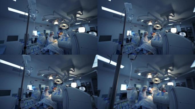神经外科手术具有手术台，灯具和超现代设备，技术，高科技内饰，医学概念。