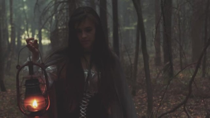 带着灯笼的年轻女孩在老森林里游荡。电影中的哥特式场景