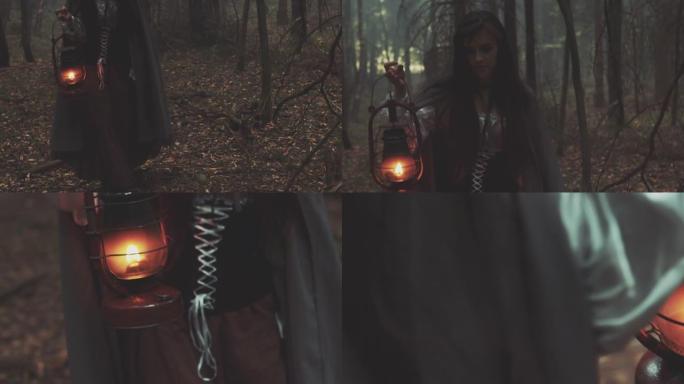 带着灯笼的年轻女孩在老森林里游荡。电影中的哥特式场景
