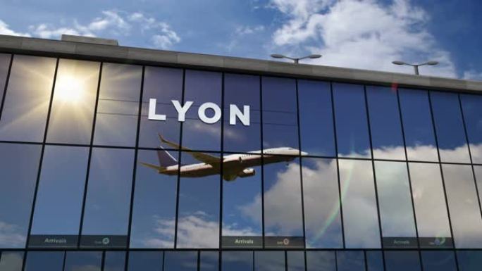 飞机降落在法国里昂机场，在航站楼中镜像