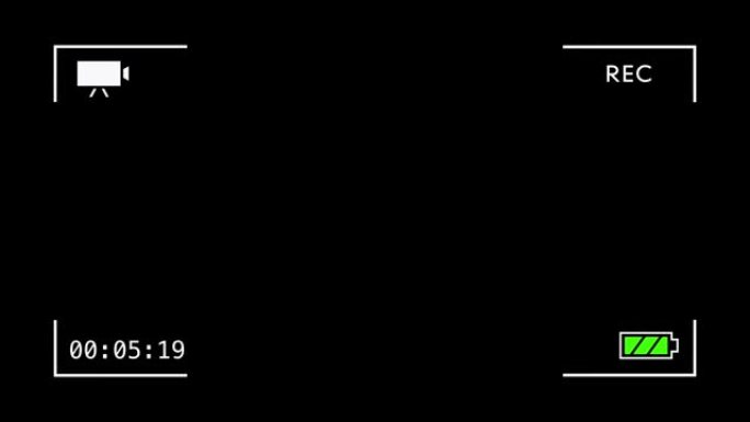 相机取景器记录屏幕动画，黑色背景上有电池和视频图标和时间码