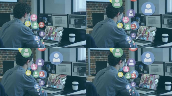 社交媒体人物图标的动画在背景中使用笔记本电脑进行视频通话