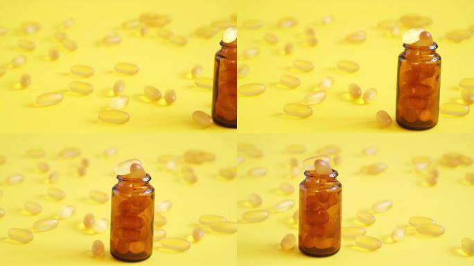 欧米茄3胶囊在黄色背景的玻璃罐。鱼油软胶囊。补充食品维生素d胶囊