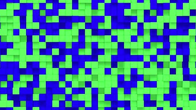 绿色蓝色小盒子立方体随机几何背景。抽象方形像素马赛克插图。地块背景。幻想分形设计。数字艺术。4k的3