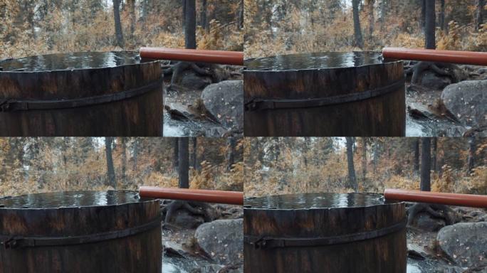 山溪流入漂洗桶。乌拉尔针叶林字体。纯净水，春天