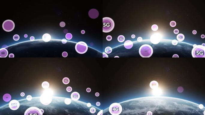 紫色圆圈上的多个5g文本的数字动画，对抗地球上的蓝色光斑