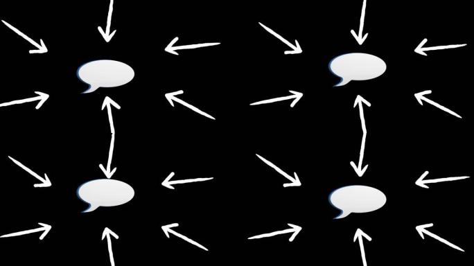 黑色背景上带有复制空间的白色箭头指向语音气泡的动画