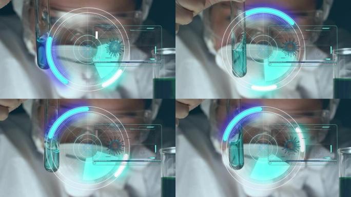 covid 19细胞的动画，用蓝色液体对拿着试管的女科学家进行范围扫描