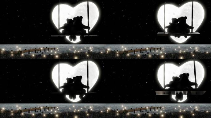 剪影爱好者泰迪熊拥抱坐在秋千心形满月天空中的夜星