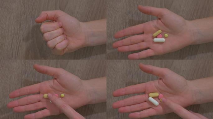 用药物和数数药丸打开手的视频拍摄