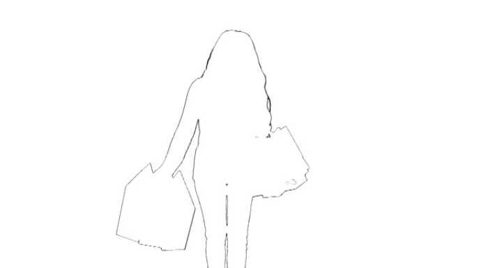 长发散步的时尚女孩的轮廓草图。女性购物者，包装孤立在白色背景上