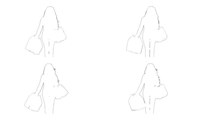 长发散步的时尚女孩的轮廓草图。女性购物者，包装孤立在白色背景上