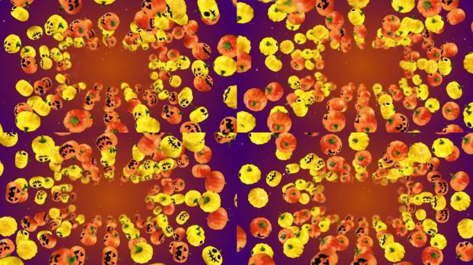 飞了许多橙色和黄色的南瓜。渐变背景。带着微笑的卡通面孔。节日万圣节的3D动画。循环动画。