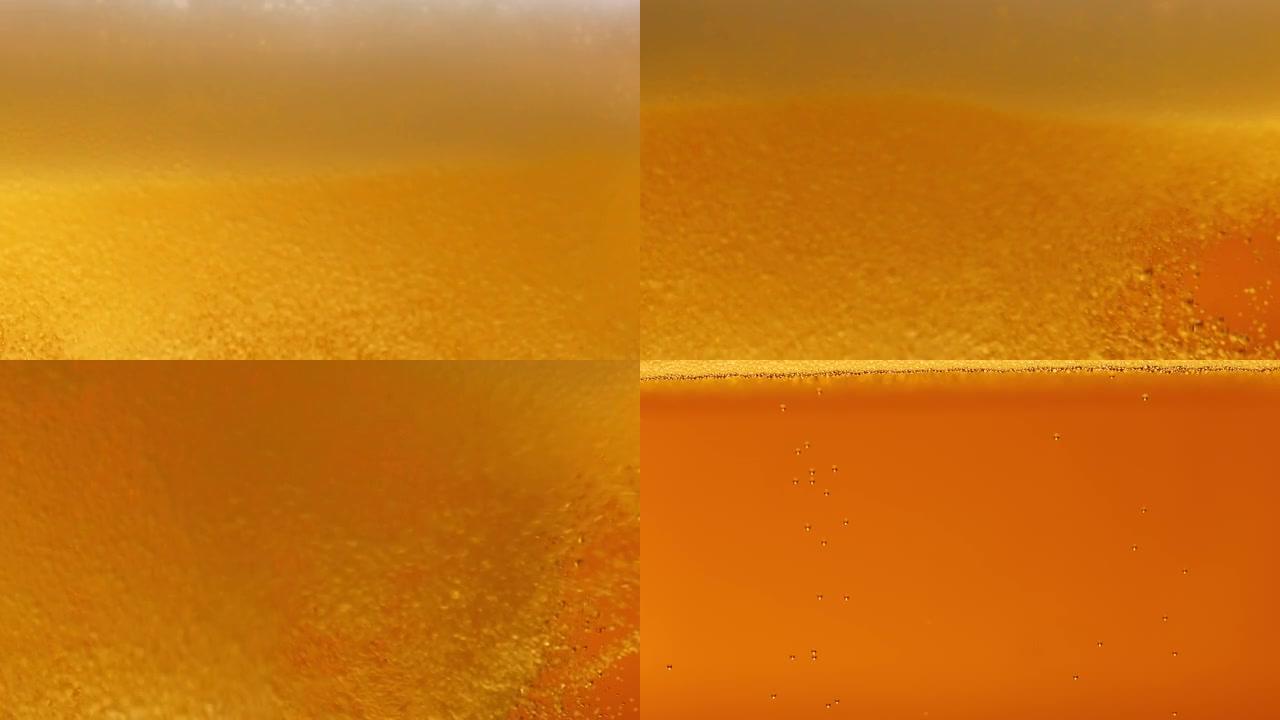 玻璃中轻啤酒微距。一小撮金色液体涌入玻璃，产生许多气泡、波浪和泡沫。新鲜酿造的酒精饮料啤酒特写。慢动