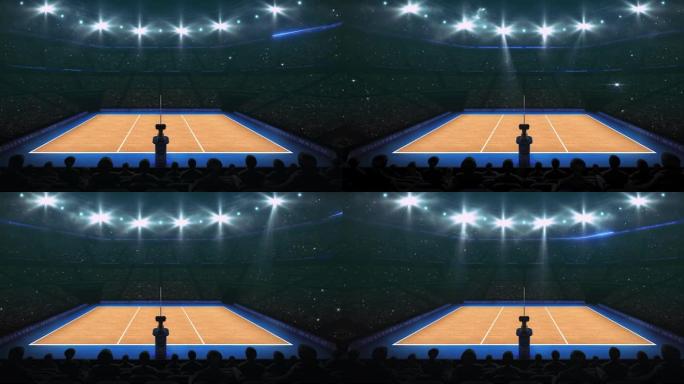 从看台的侧面看，聚光灯照在排球场上方。