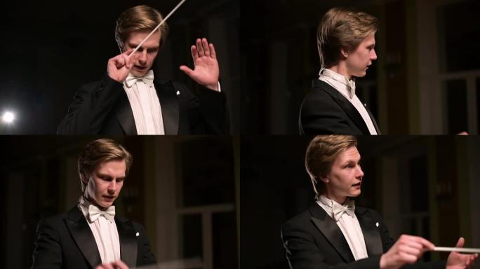 指挥乐团的年轻指挥家的特写和慢动作