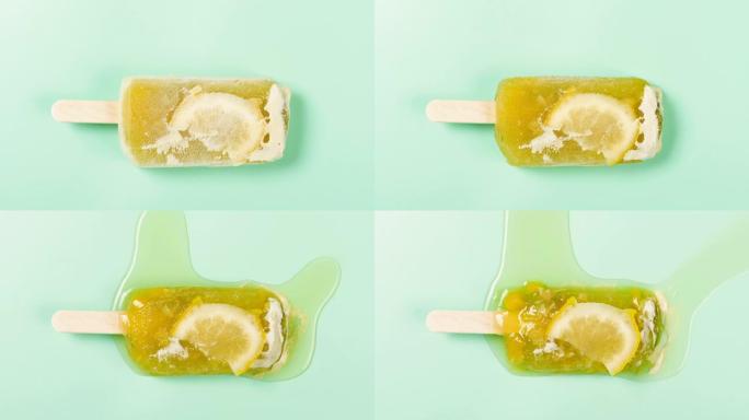 顶视图新鲜的白桃和茉莉花味冰棒，在4K分辨率的浅绿色背景下，带有柠檬融化的时光倒流