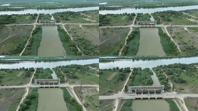 鸟瞰图，在多瑙河-Sasyk通道的主要门户上方向前移动。4K-60fps。乌克兰敖德萨州维尔科韦区萨