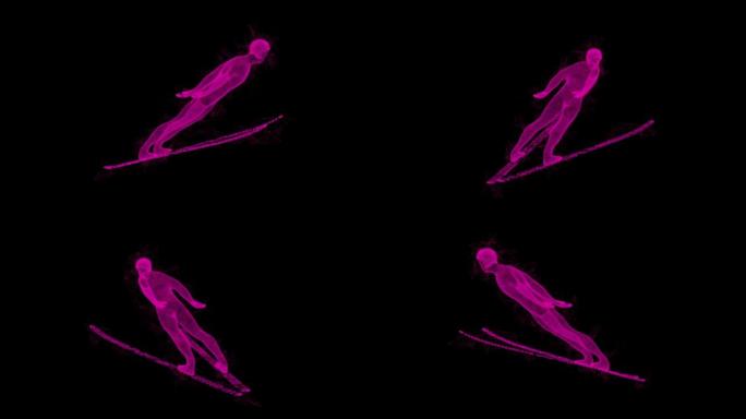 跳台滑雪运动员。线框低聚网状网络空间网格科学与技术
