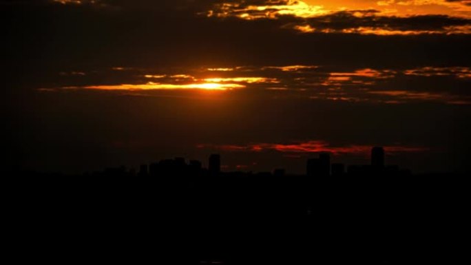 在极其炎热的夜晚，加拿大多伦多城市景观的延时。夏季高温警报。暗红色的夕阳天空与红云时间流逝。北美新焦