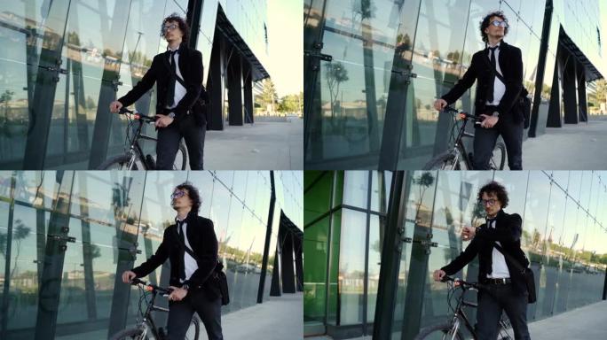 男子骑自行车走路，上班-新常态概念