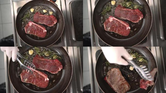 烹调锅中的新鲜牛肉排，用莳萝和黄油调味。
