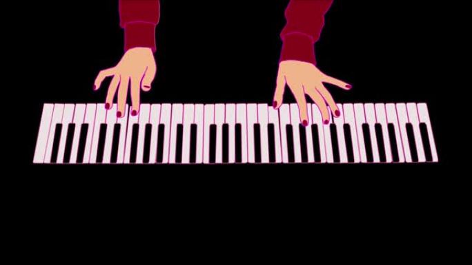 一个弹奏钢琴键盘的女孩的手。动画。