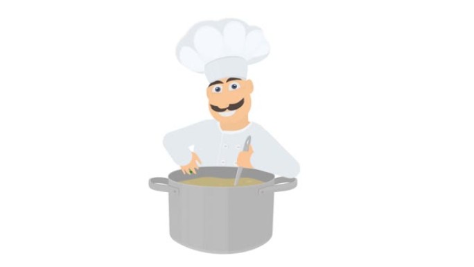 库克是一个卡通人物。厨师准备饭菜的动画。卡通