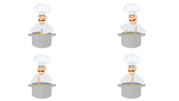 库克是一个卡通人物。厨师准备饭菜的动画。卡通