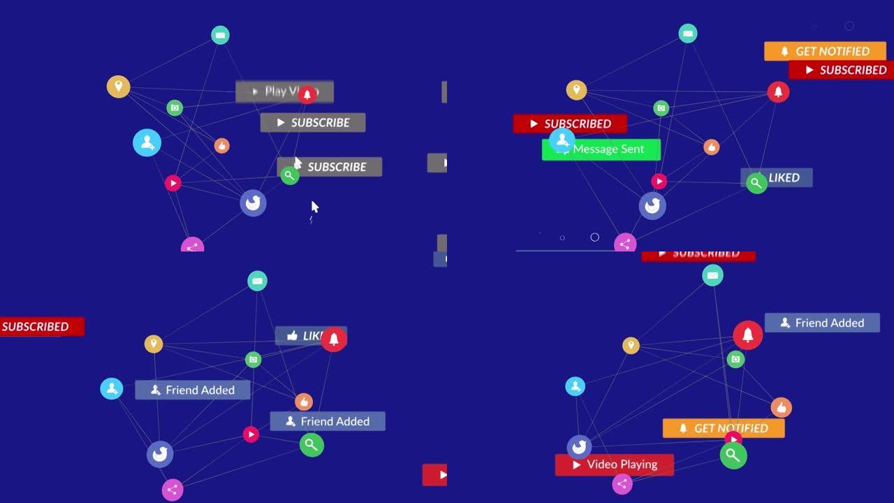 紫色背景上带有数字图标的横幅上的社交媒体文本动画