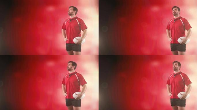橄榄球运动员在发光的红色背景上持球的动画