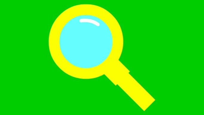放大镜的动画黄色图标。符号放大镜。搜索、发现的概念。循环视频。矢量插图孤立在绿色背景上。