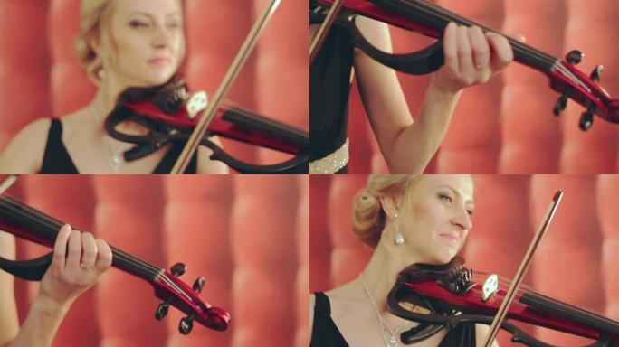 年轻女子在红色背景上拉小提琴